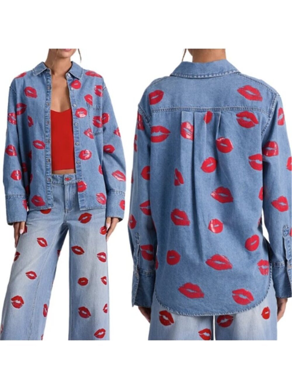 NEW Alice + Olivia Finely Kiss Print Oversized Denim Shirt Blue Size XS